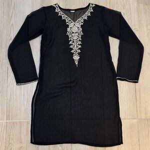 Black Silk Bejeweled Sheer Indo Kurta Tunic Size 40 Medium